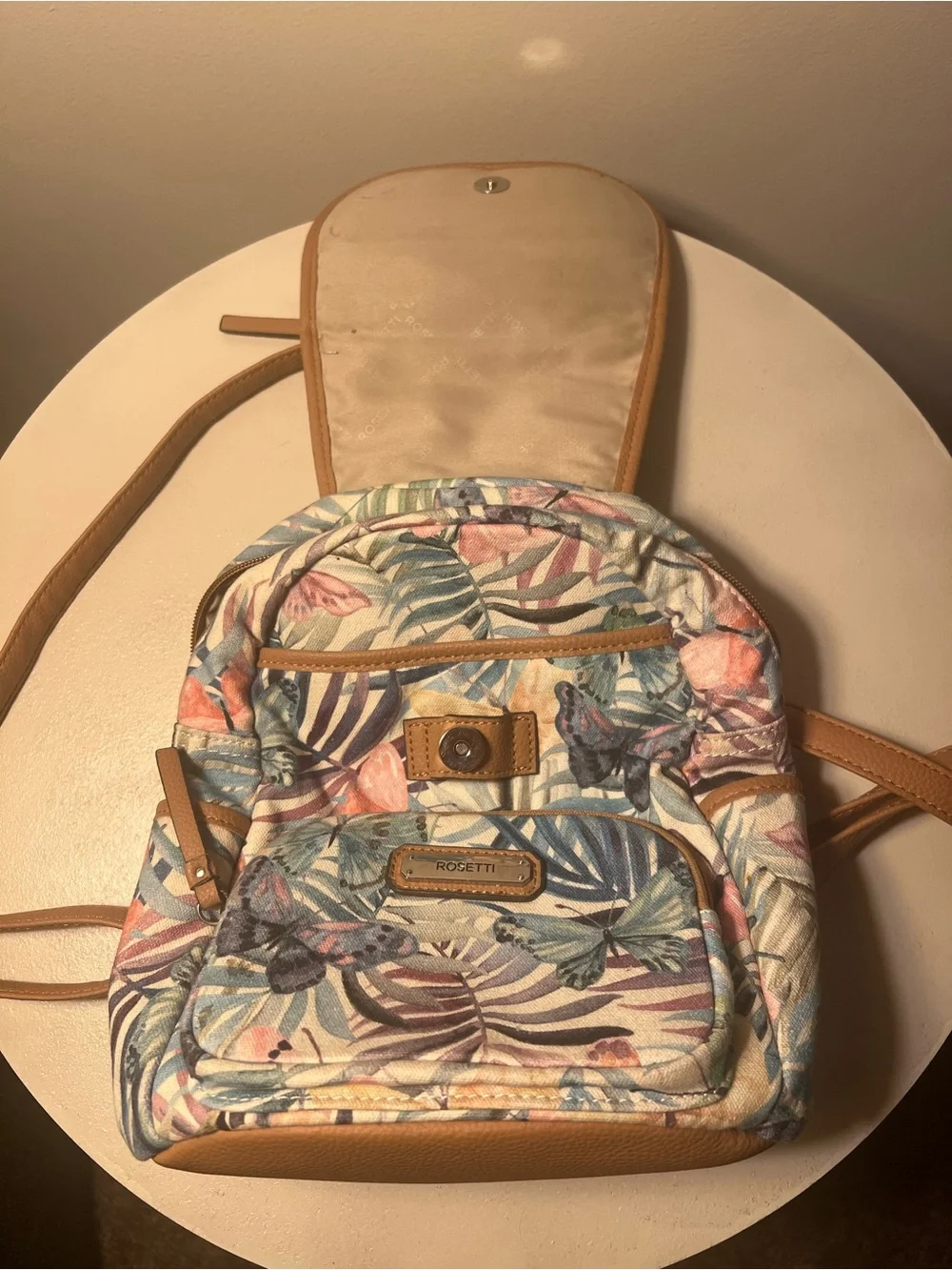 Rosetti Pastel Floral & Butterfly Mini Backpack with Tan Trim